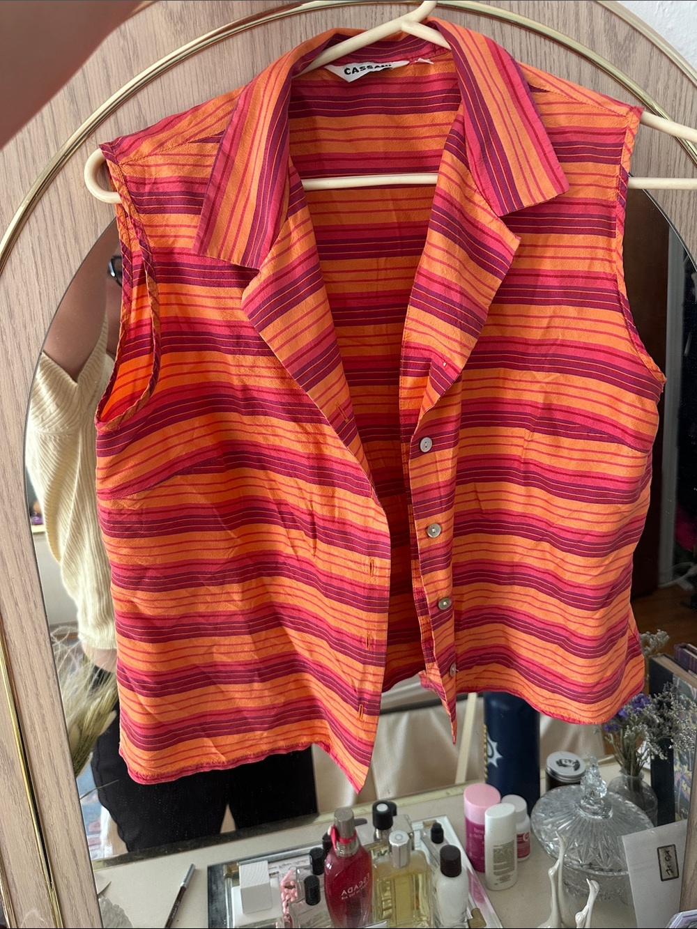 Vintage silk Cassini Striped Button-Front Sleeveless Top - Orange & Pink